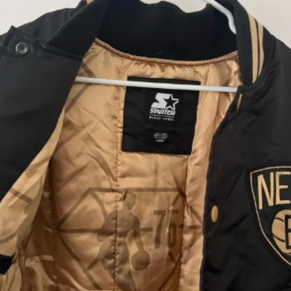 NWT Starter Black Label 75th Anniversary Brooklyn Nets Black Gold Jacket Large